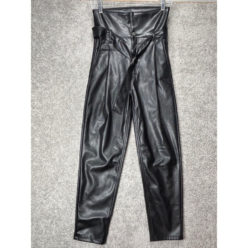 Open Edit Black Faux Leather High Waist Belted Tapered Pants XXS Pleated Front